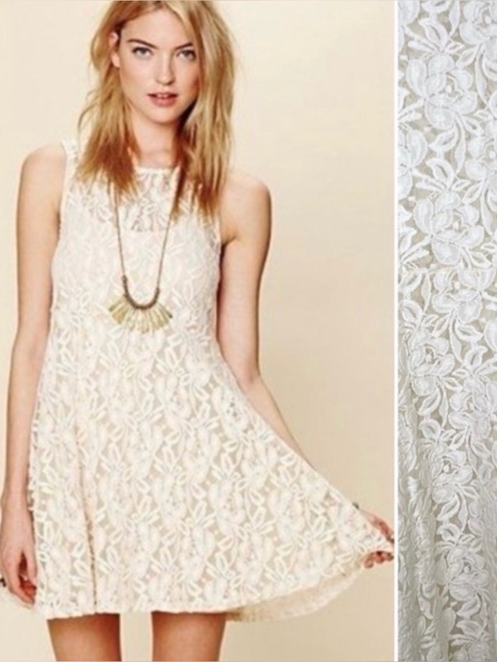 NEW Free People Miles of Lace dress w/slip, ivory sz L